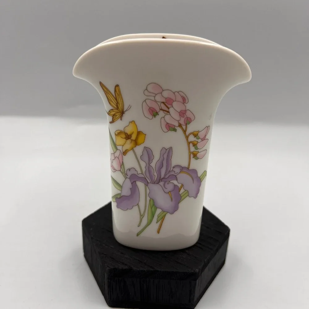 Vintage Fine China Japan Porcelain Flared Vase Iris Floral Butterfly Gold Trim
